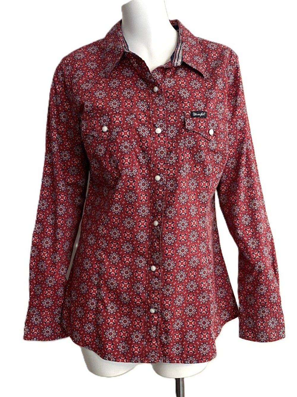 Wrangler Retro Shirt Womens Med Red Western Pearl Snap Long Sleeve Floral Rodeo